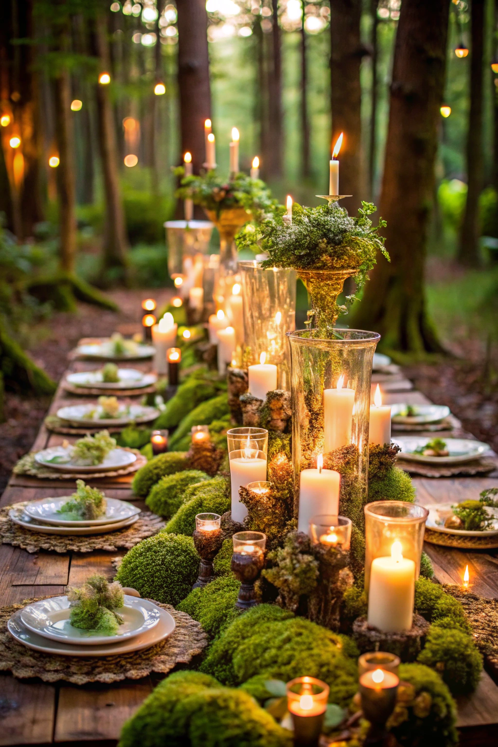 Table with moss centerpiece, candles, and elegant tableware in a forest setting