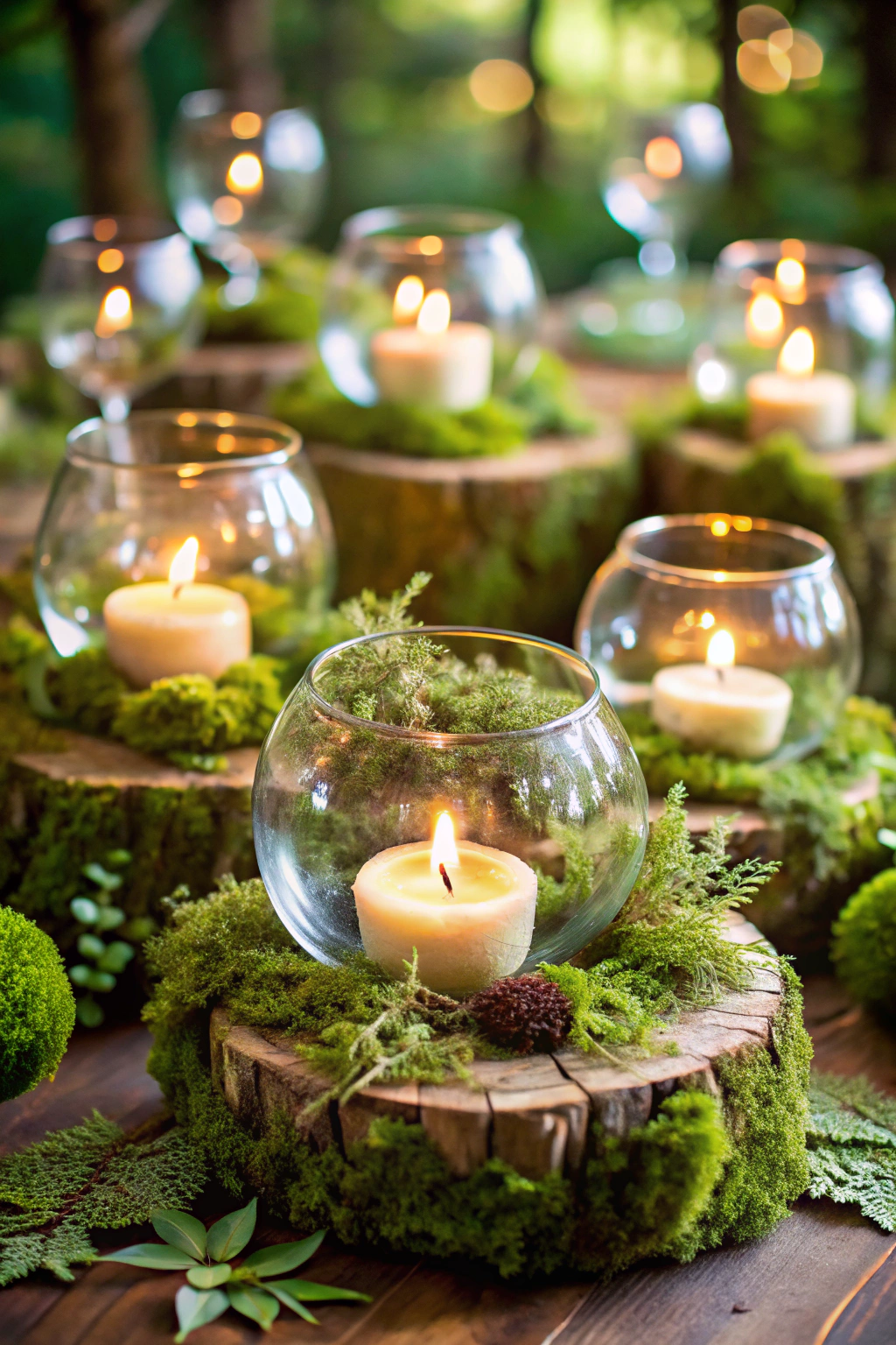 Candle holders with glowing candles on mossy wooden stumps