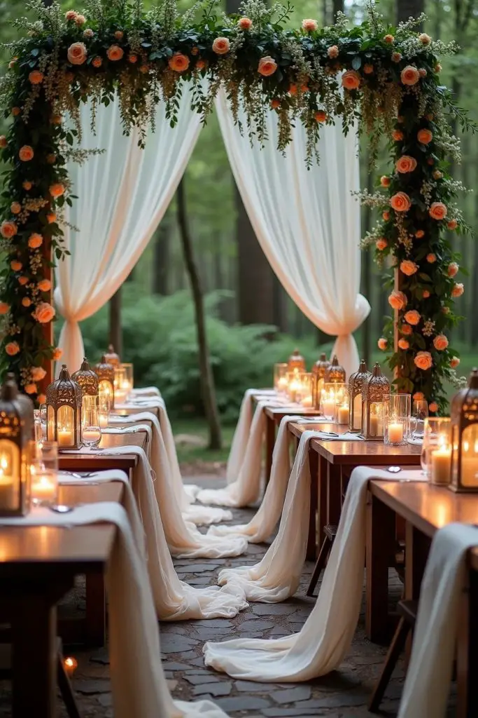 Forest wedding arch with draped fabric and candles