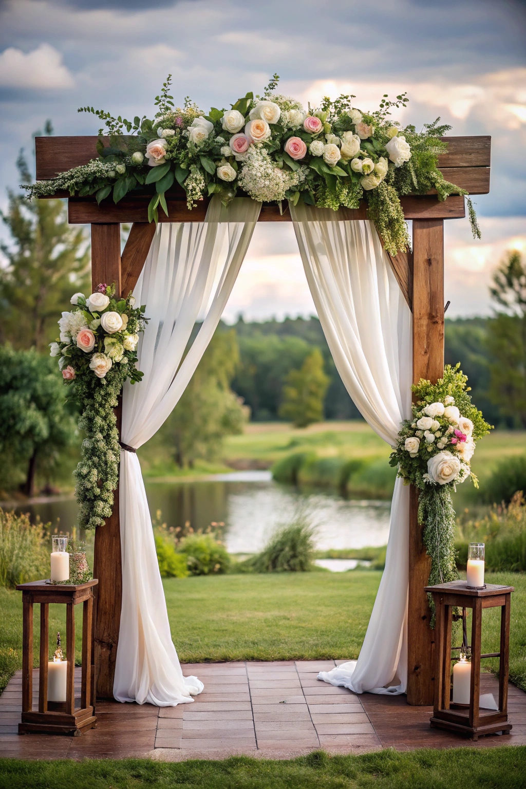 Wooden arch adorned with white drapes and floral arrangement