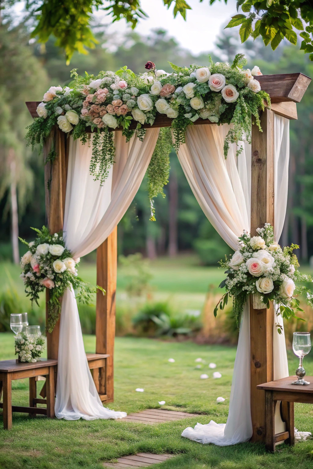 Wooden arch adorned with flowing white drapes and lush floral arrangements