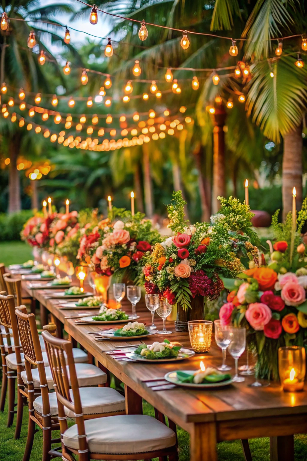 Outdoor tropical wedding table setup with string lights and floral centerpieces