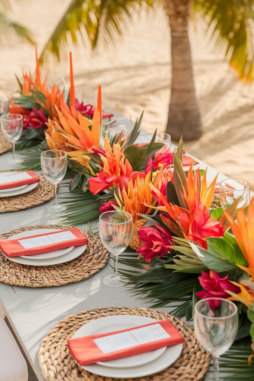 Tropical-themed wedding table setup with vibrant floral arrangements