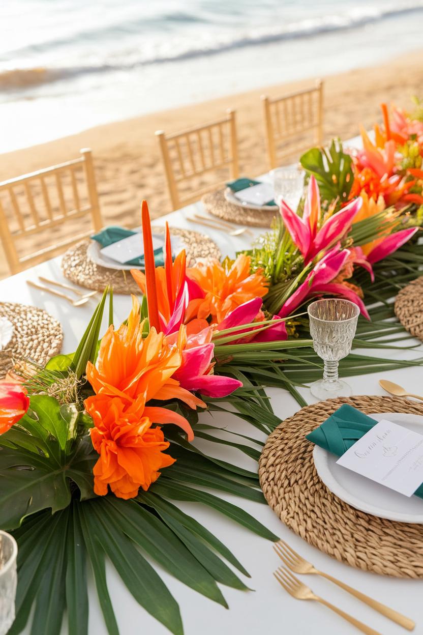 Vibrant tropical table setting by the beach