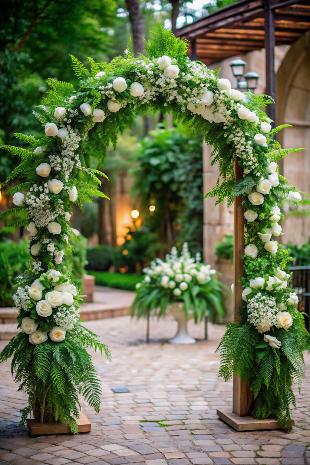 Floral wedding arch with white roses and green ferns