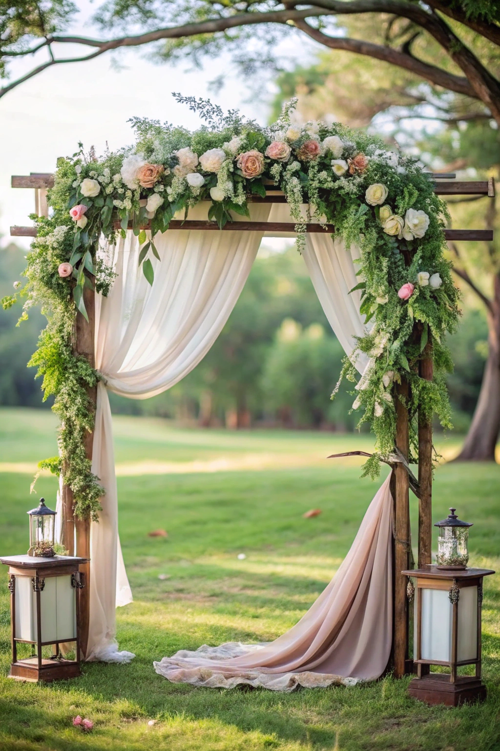 Floral arch with draped fabric and lanterns in a garden