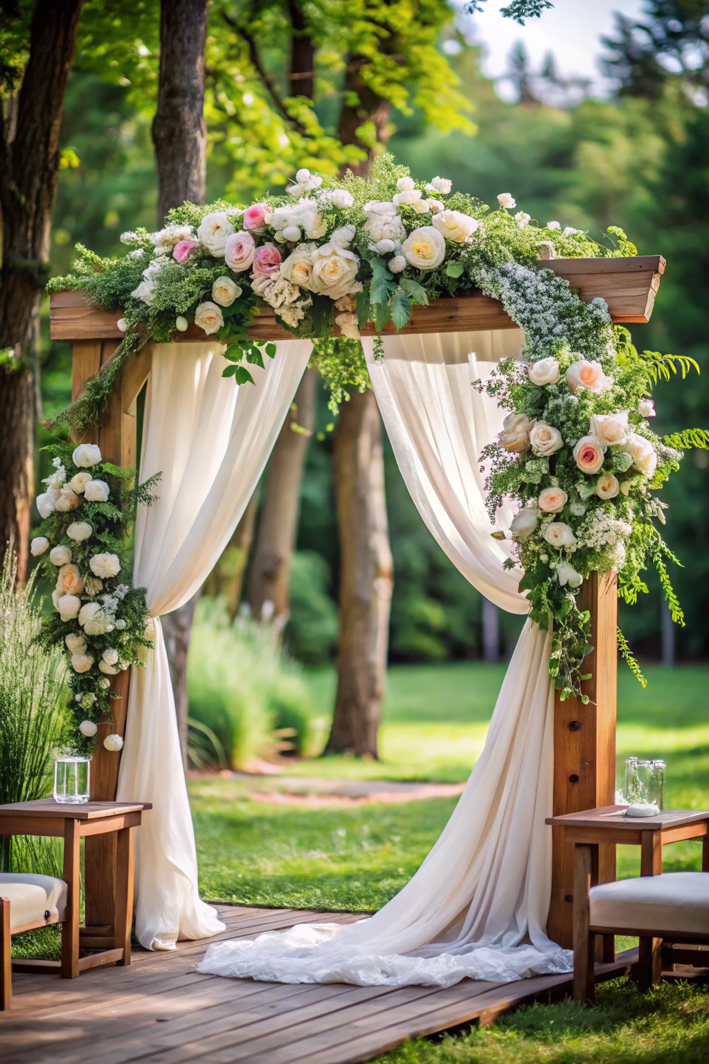 Wooden arch adorned with white and pink roses