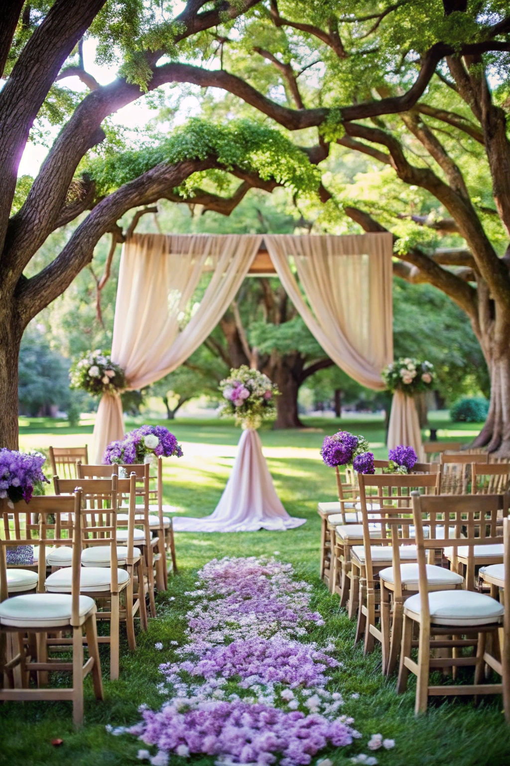 Outdoor wedding arch with drapes and purple flowers