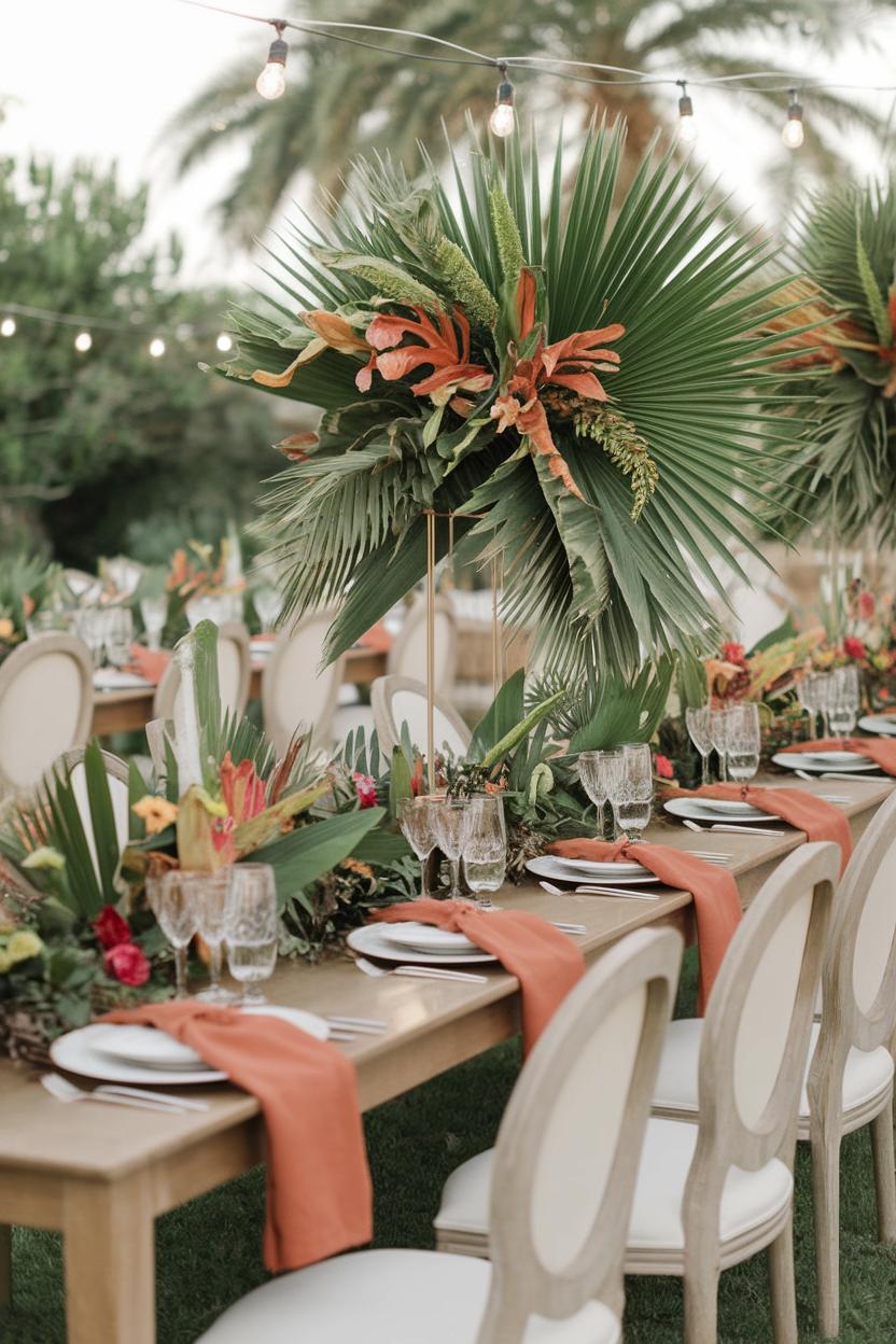 Lush tropical wedding table setup with orange accents