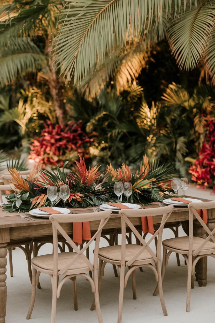 Tropical wedding table with colorful floral centerpieces