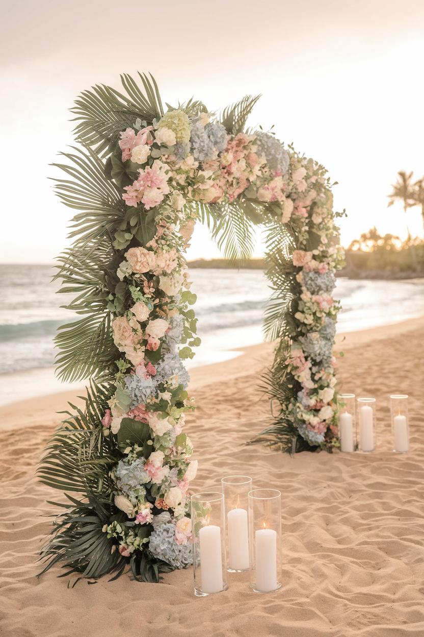 Floral arch on a sandy beach with candles