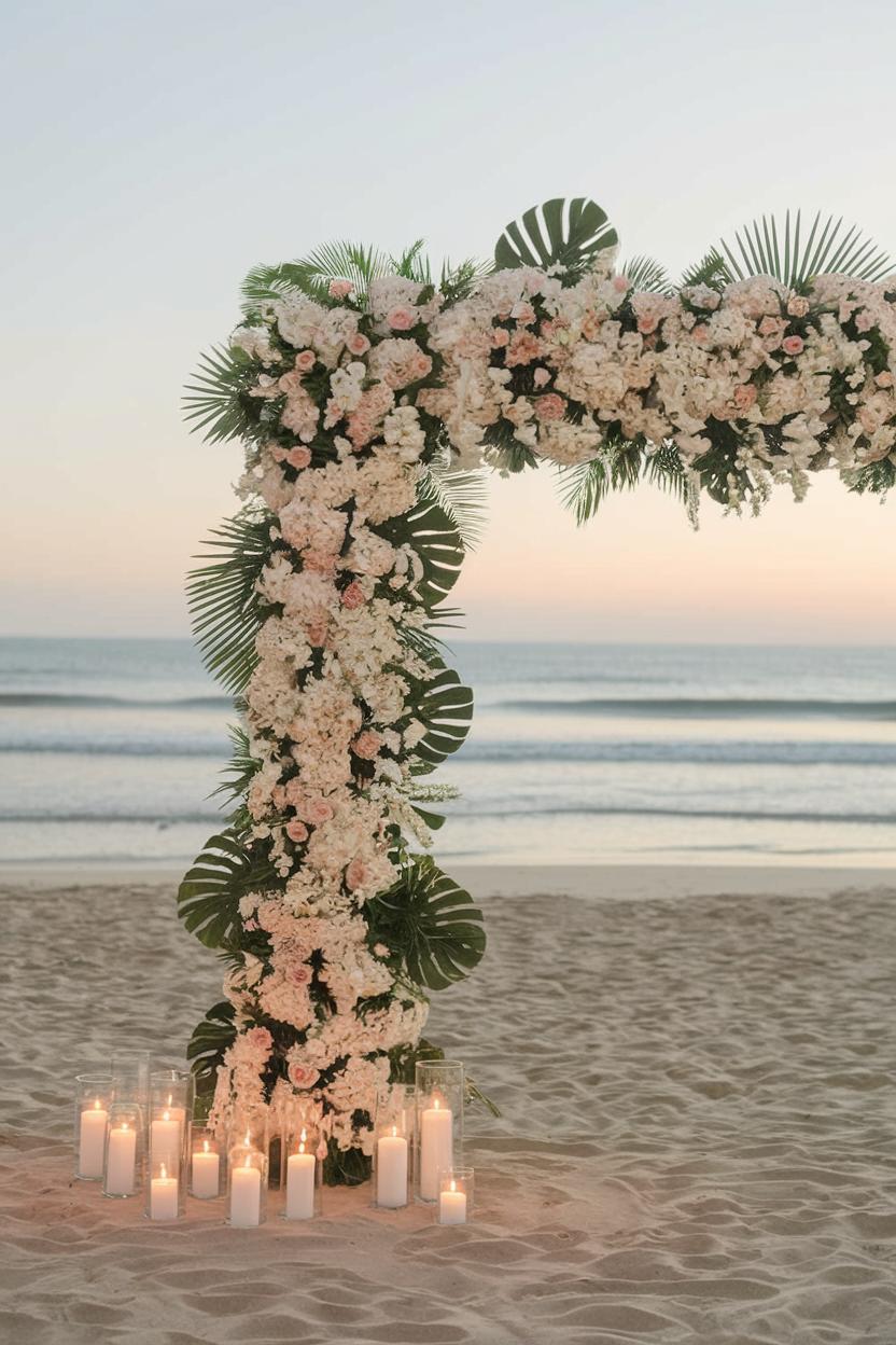 Beachside floral arch with candles at sunset