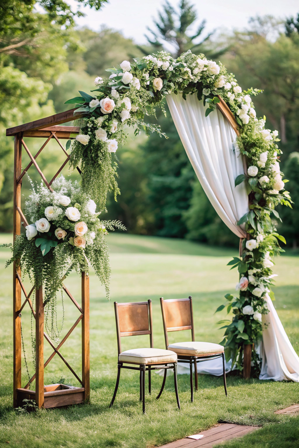 Wooden wedding arch adorned with white flowers and greenery