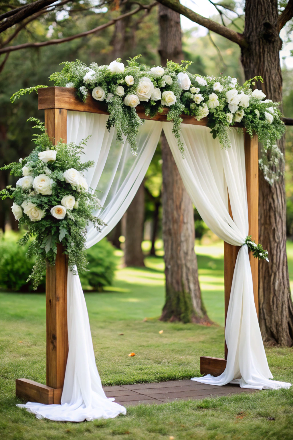 Wooden arch draped with white fabric and adorned with white flowers and greenery