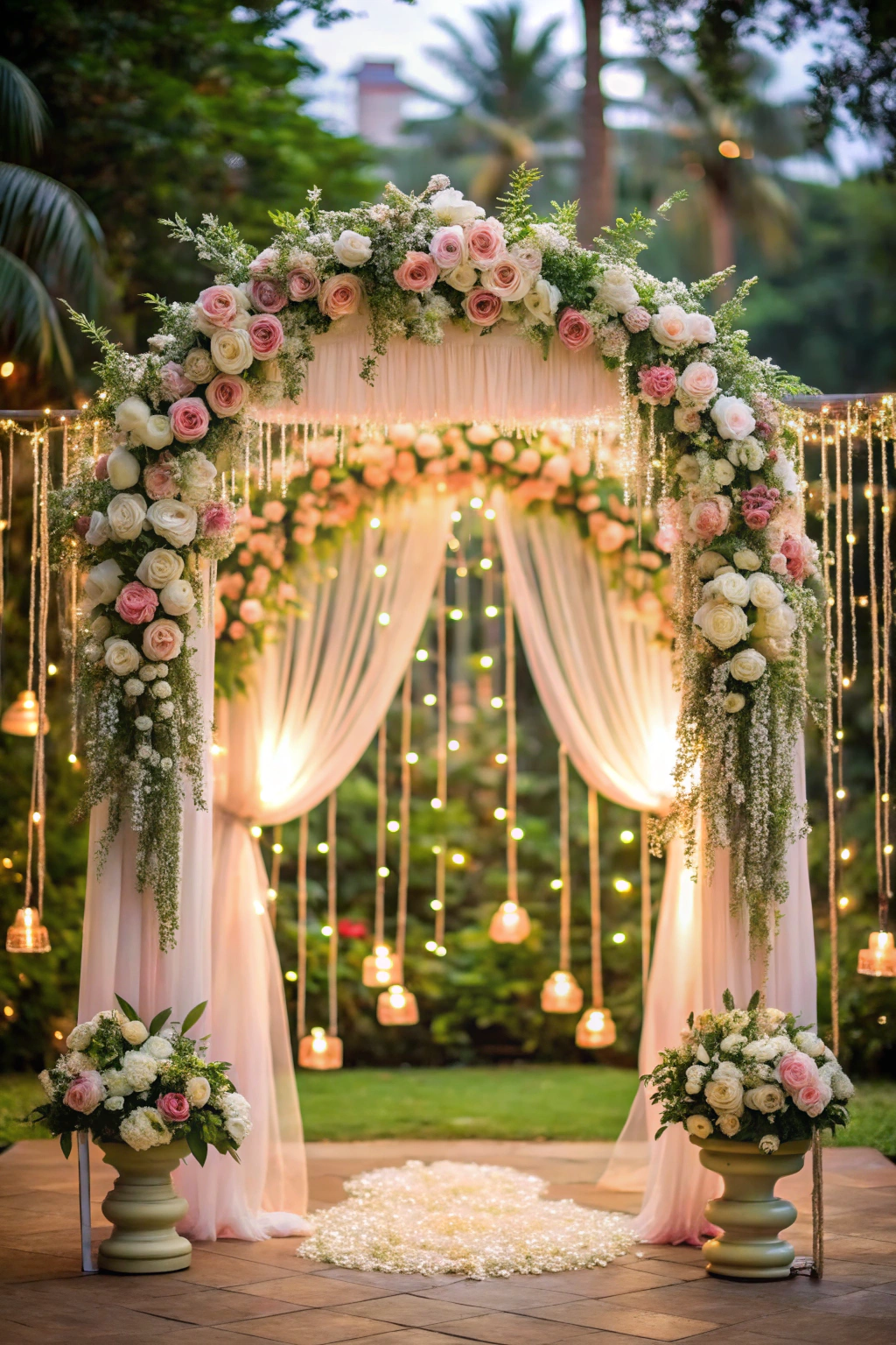 Romantic floral arch with draped lights