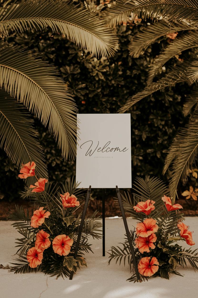 Welcome sign surrounded by vibrant tropical flowers and lush greenery