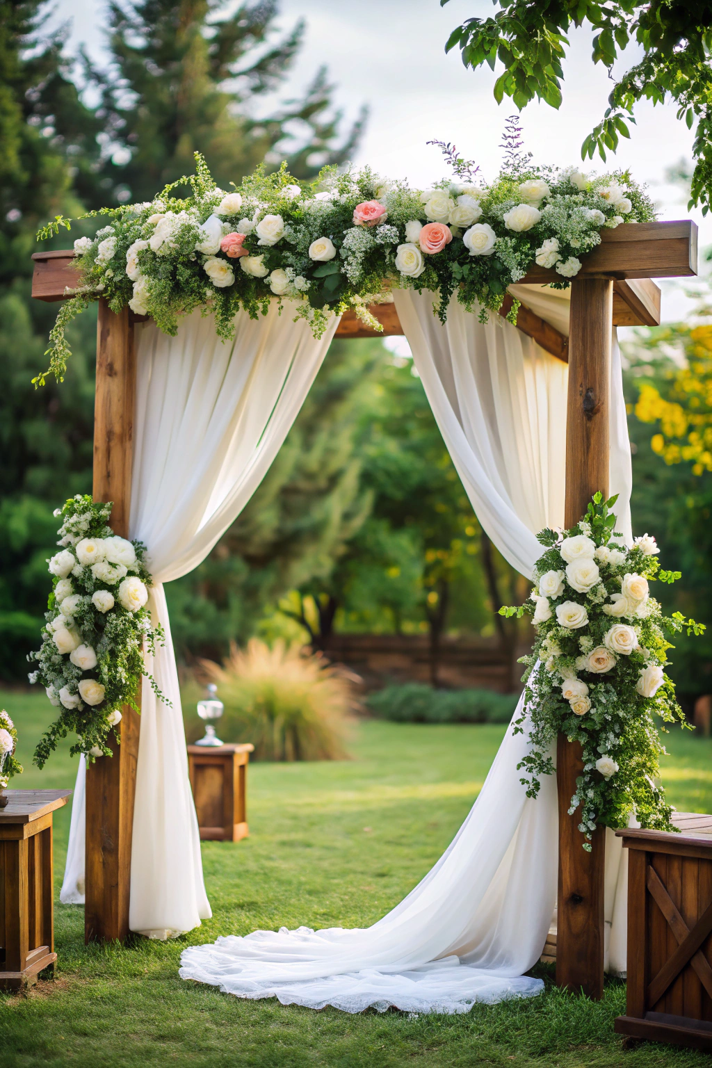 Wooden arch draped with white fabric and floral arrangements