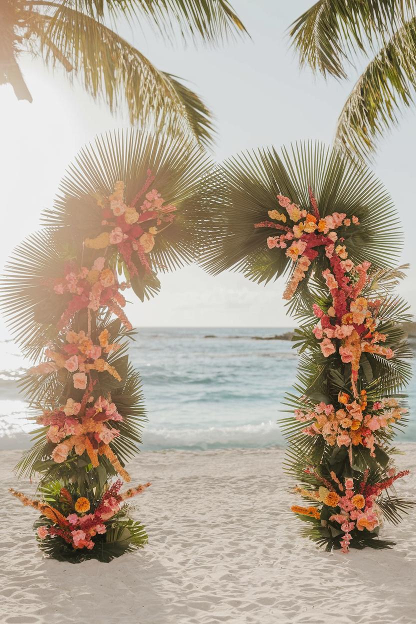 Beachside floral arch adorned with palms and vibrant blooms