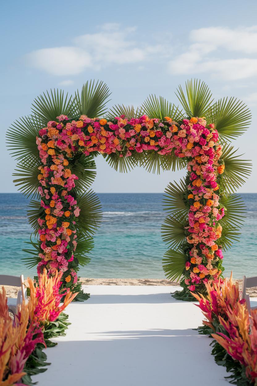 Colorful floral arch set against the ocean