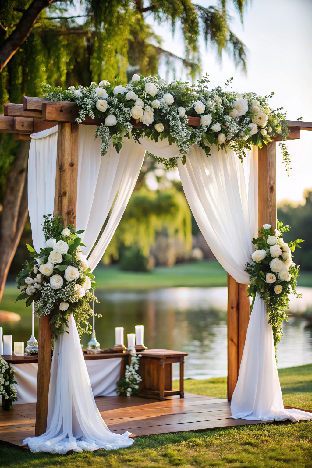 Wooden arch adorned with white flowers and draped fabric by a lake