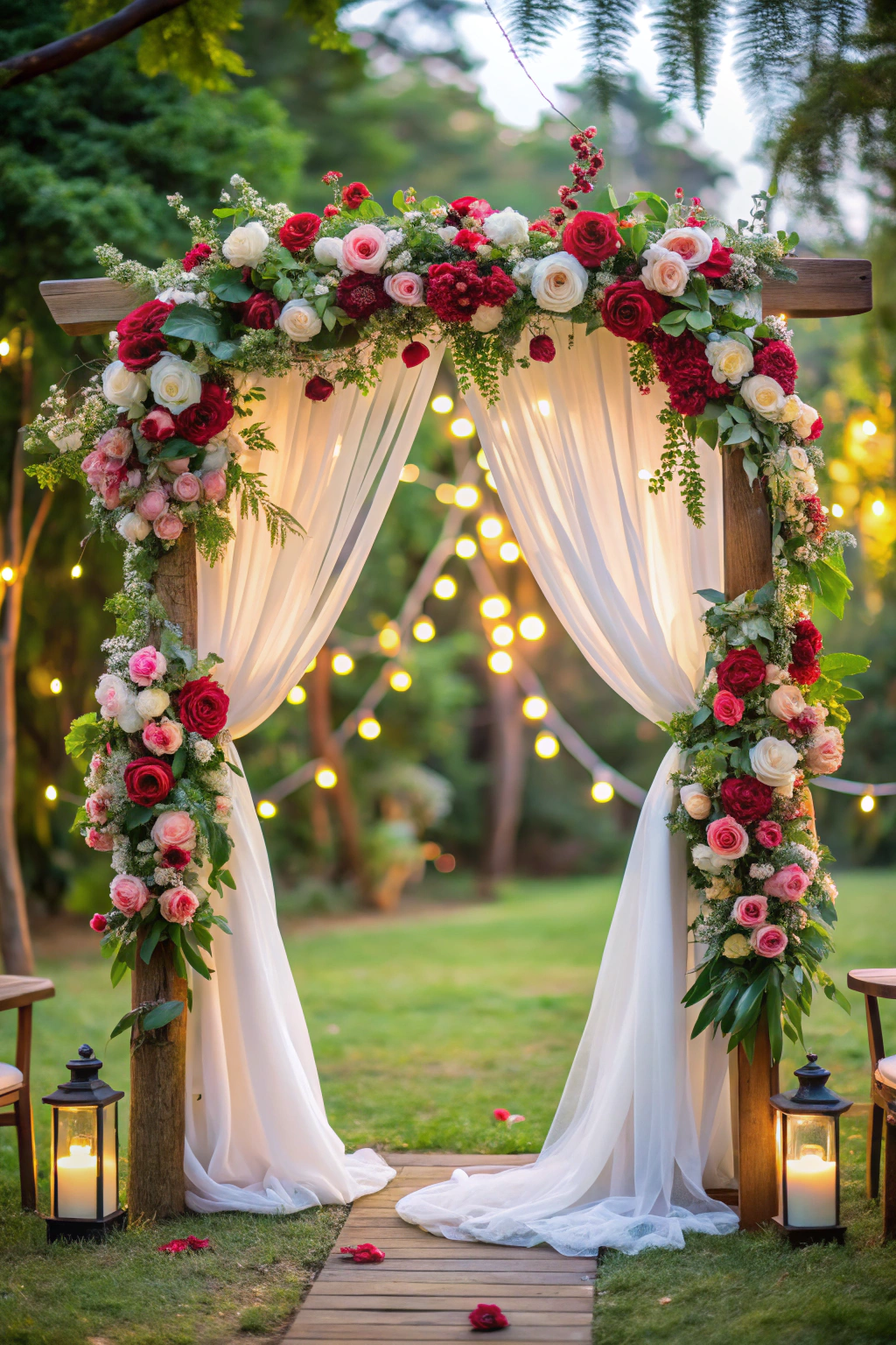 Floral arch with draped fabric and lanterns for a wedding ceremony