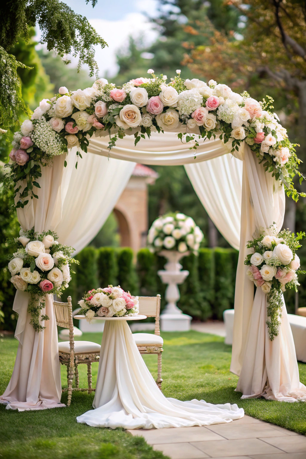 Delicate floral arch with roses and draped fabric