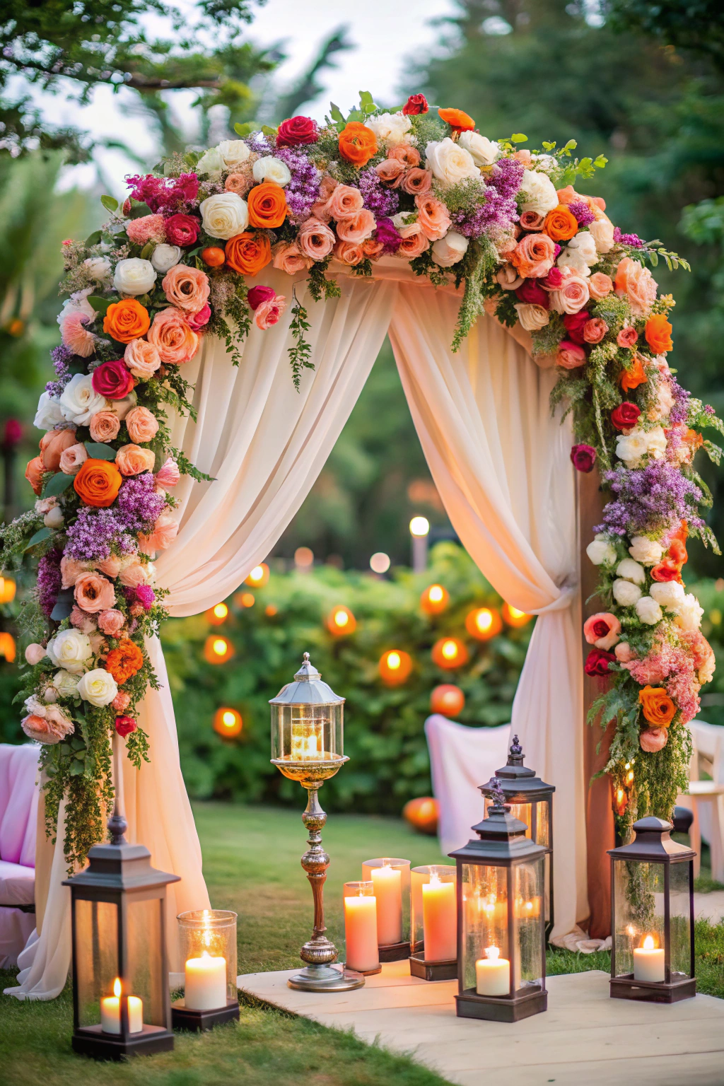 Vibrant floral arch with candles and drapes