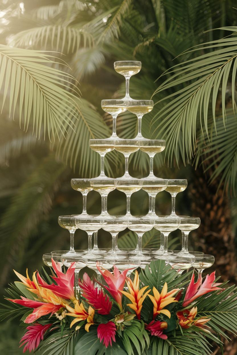 Champagne tower surrounded by tropical foliage