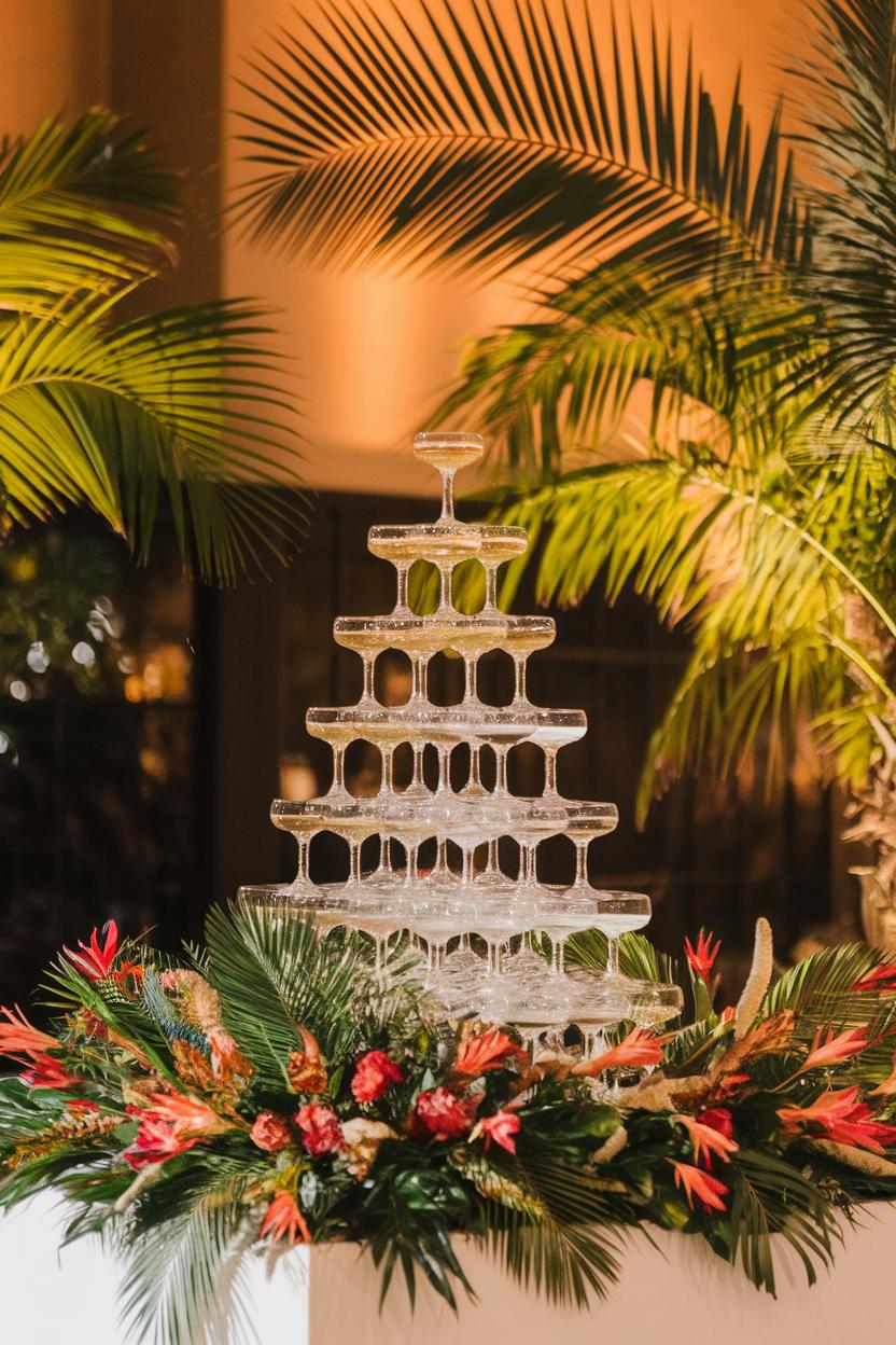 Crystal champagne tower surrounded by lush tropical flora