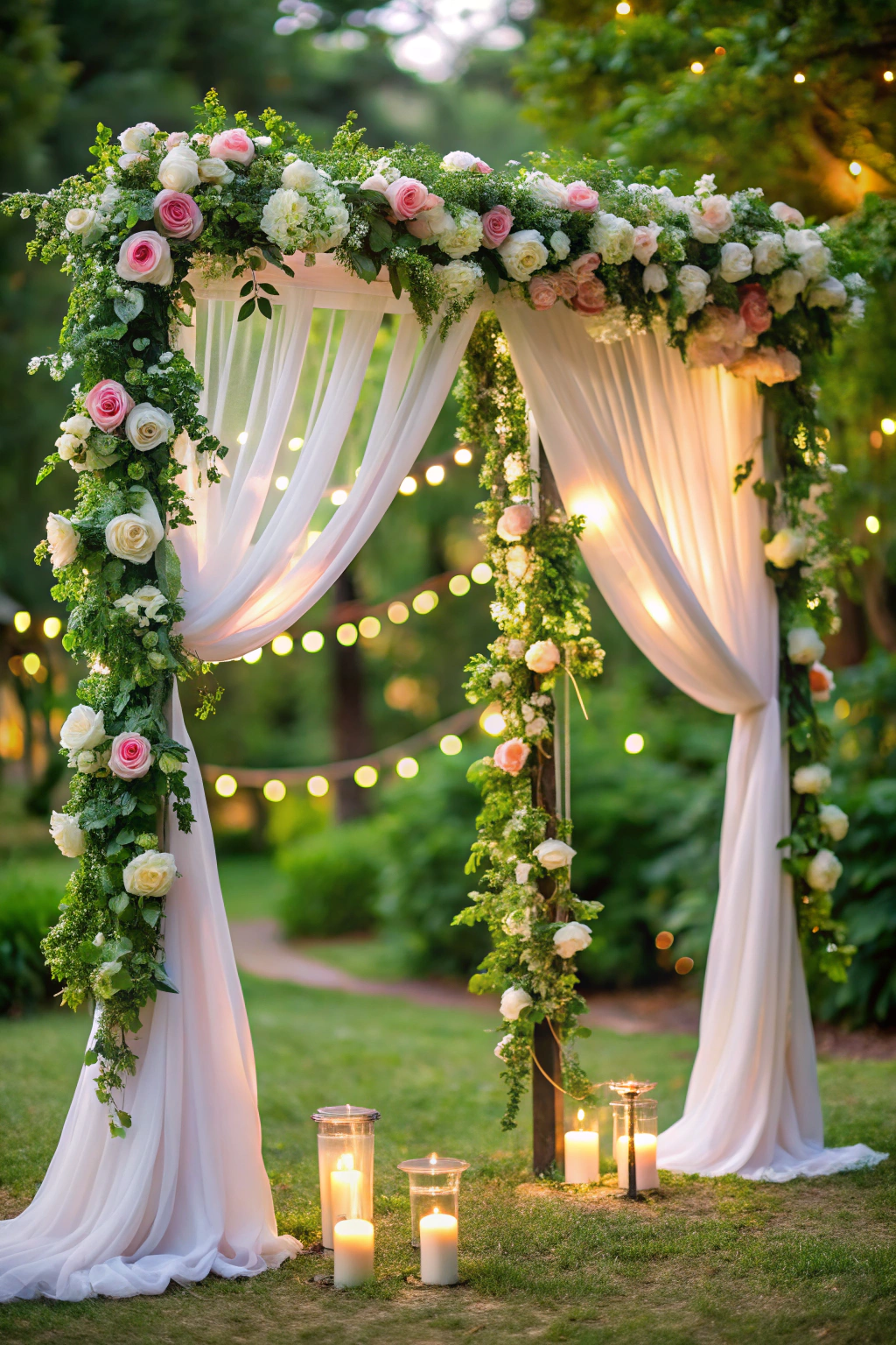 Lush floral wedding arch with candles