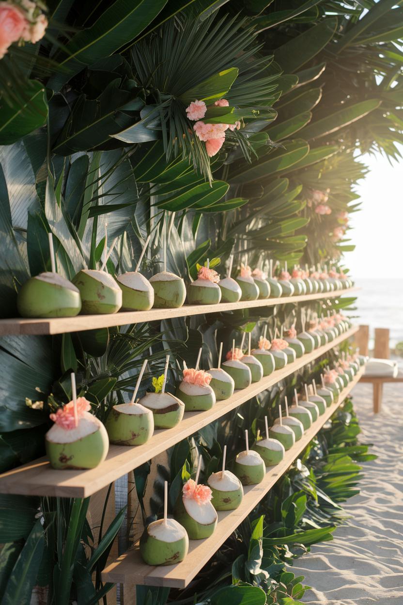 Shelves of fresh coconuts with straws against a lush leaf backdrop