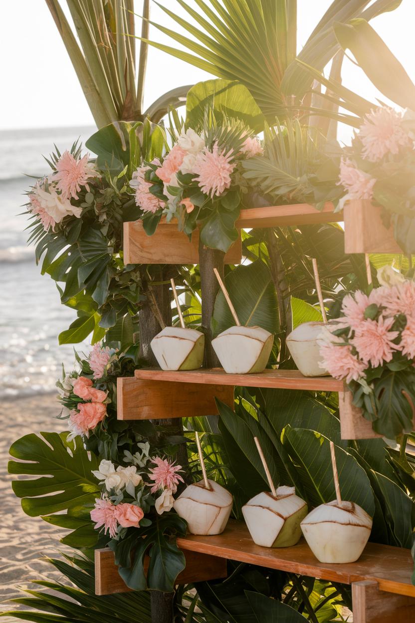 Beachside wedding decor with coconuts and tropical flowers