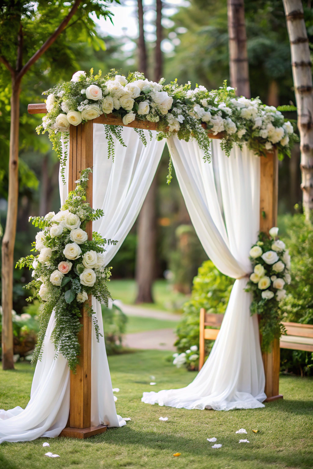 Outdoor wedding arch with white roses and draped fabric