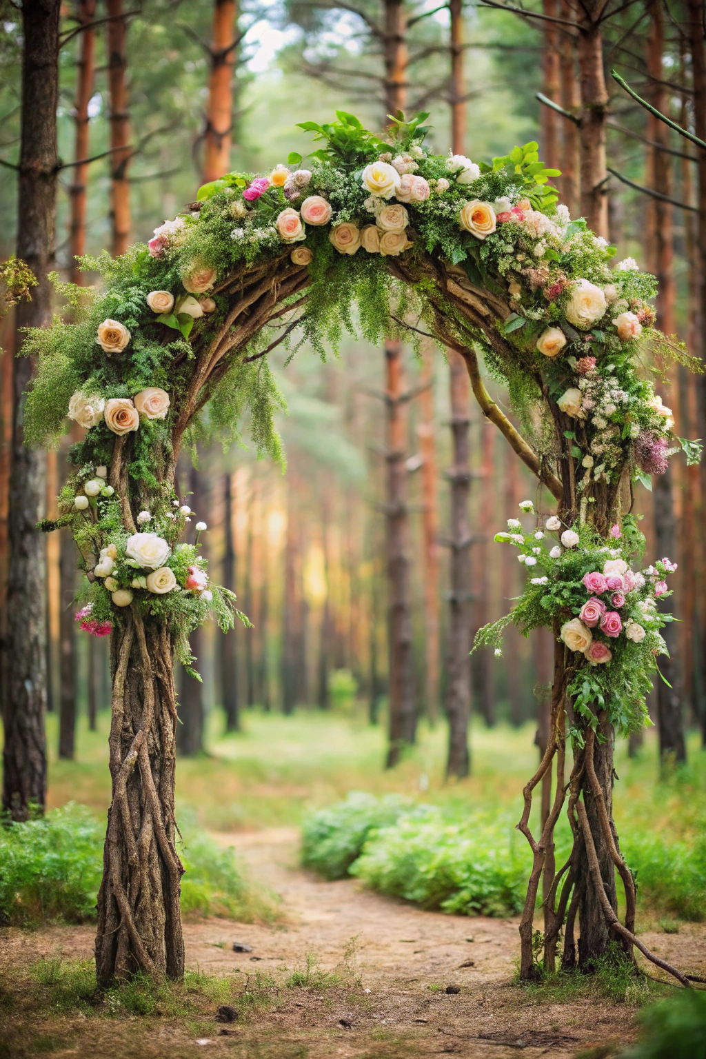 Floral wedding arch in a wooded setting with roses and greenery