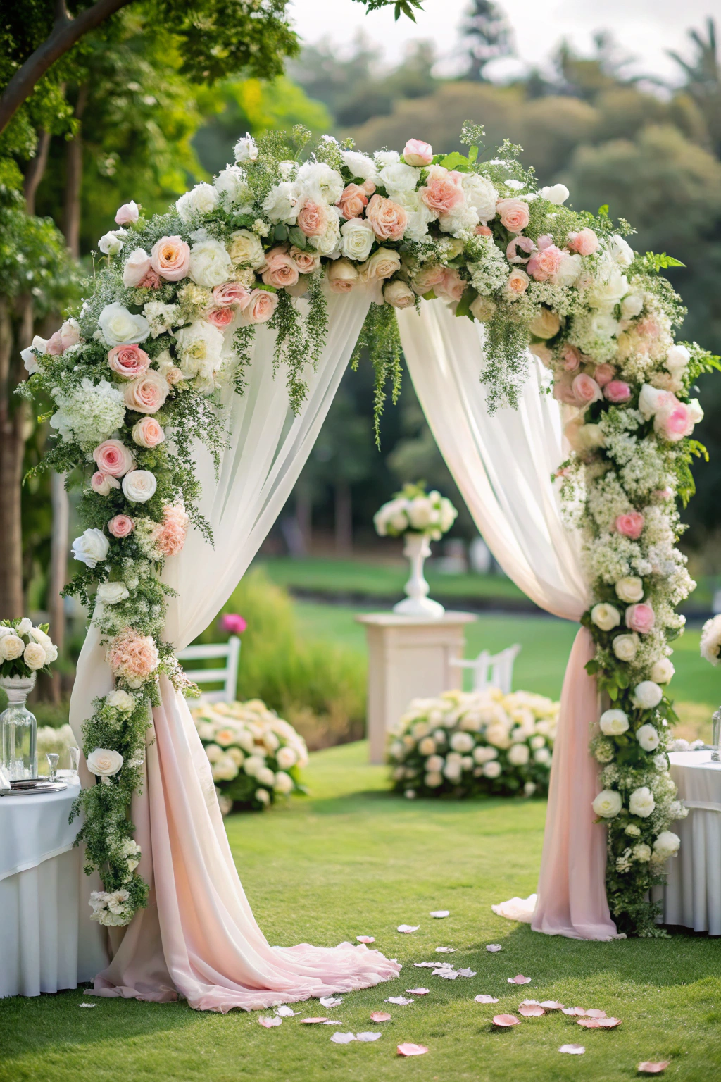 Floral arch with roses and drapes on green lawn