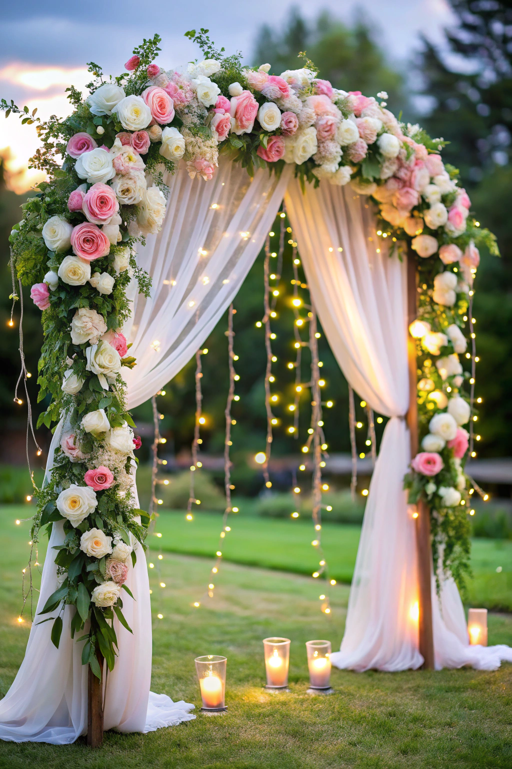 Floral arch with drapes and string lights