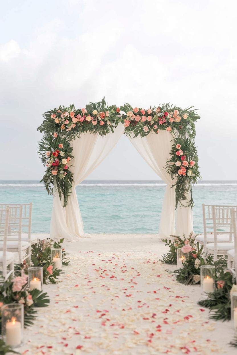 The tropical wedding decor is characterized by its elegant and natural aesthetic embracing a beachfront theme. A floral arch adorned with a vibrant 1