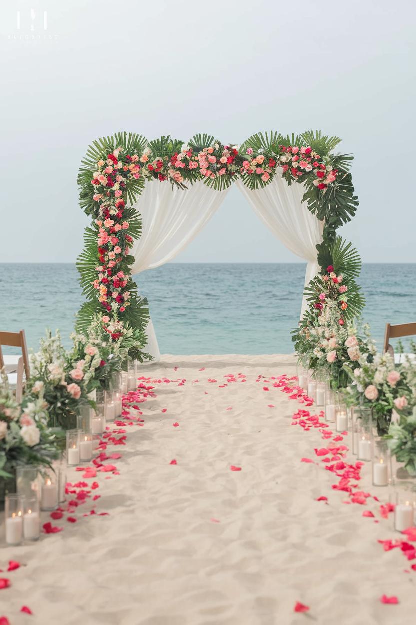 Beach arch with lush floral decor and candles