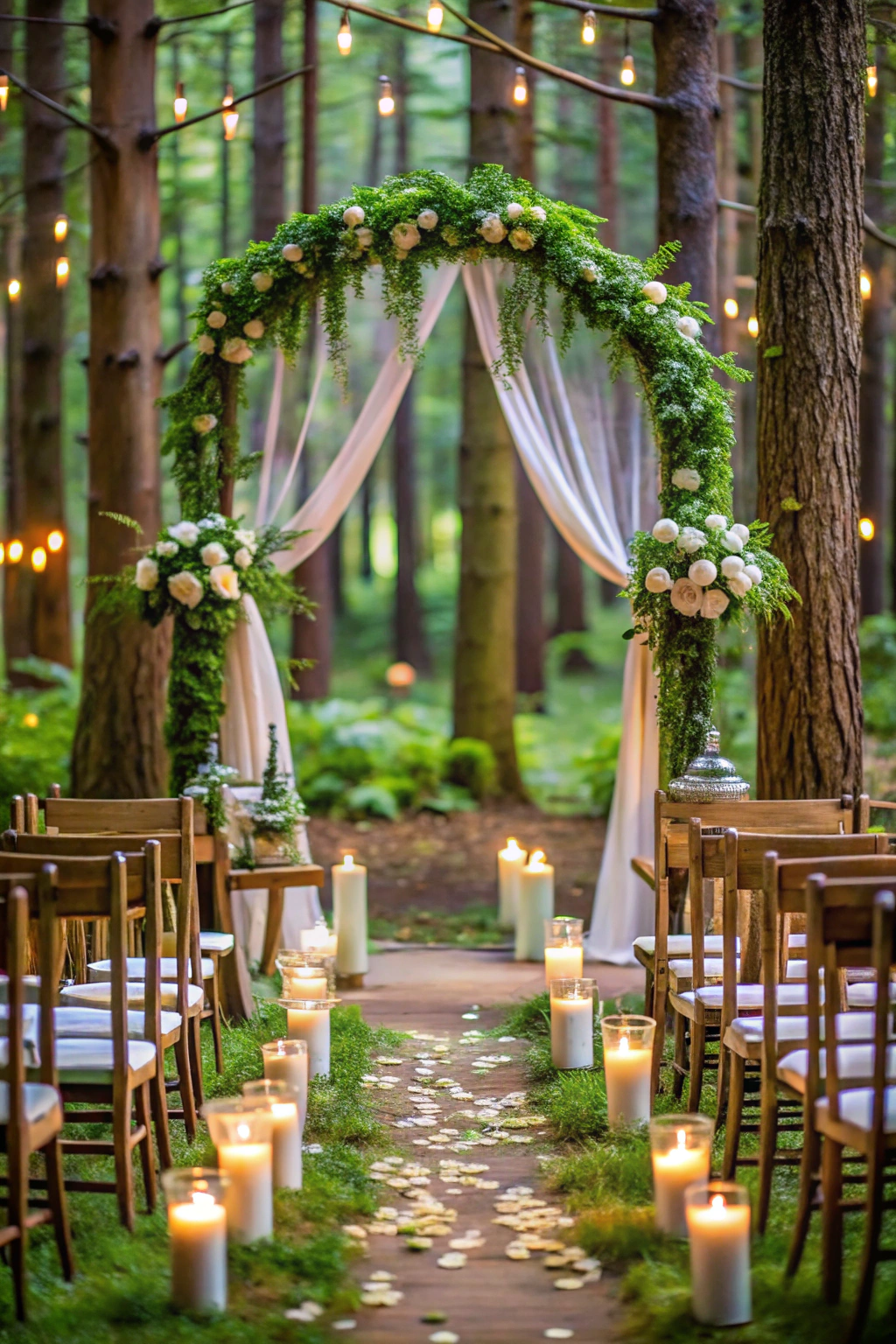 Outdoor wedding arch with flowers and candles