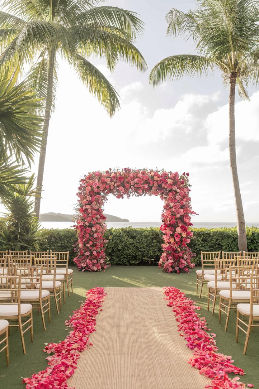 Floral arch with pink petals on a beachside aisle