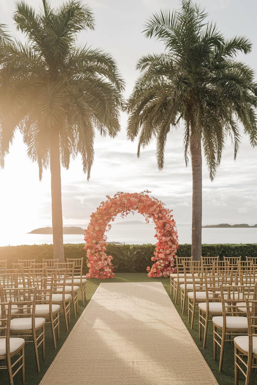 Tropical archway surrounded by palm trees and seating