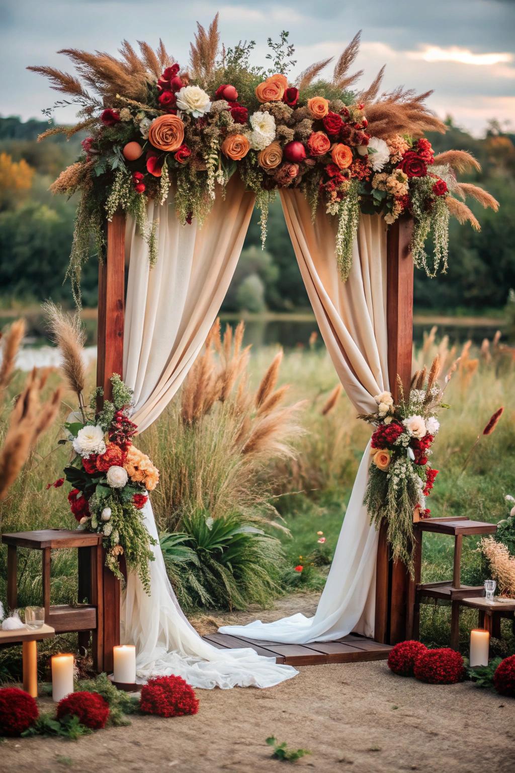 Autumn floral arch with pampas grass and candles