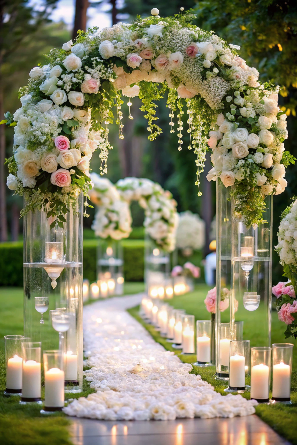 Lush floral arch with candles lining the aisle