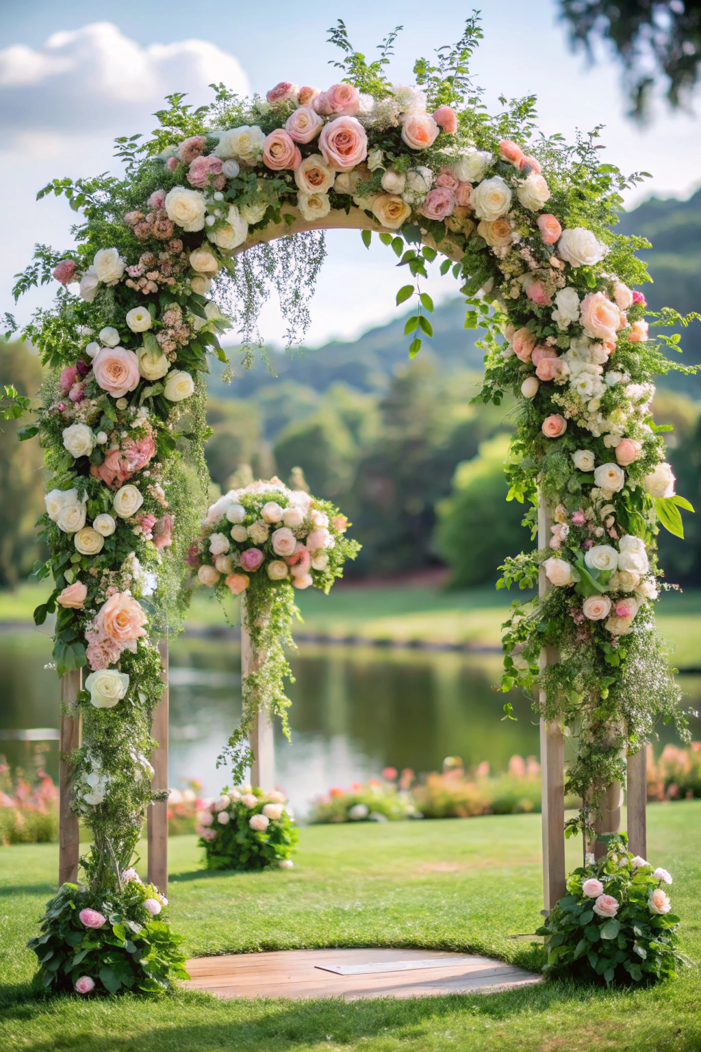 Wedding arch with lush pink and white flowers by a lake