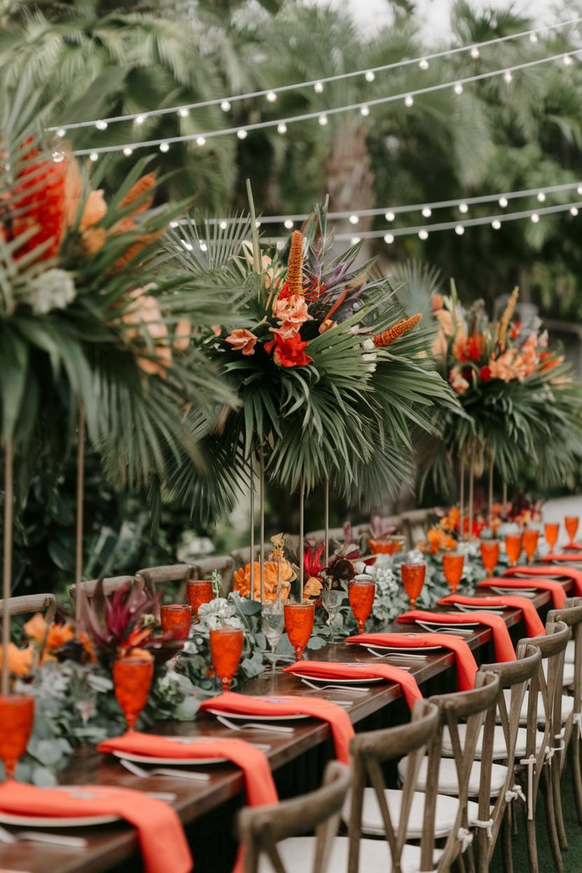 Vibrant table setup with tropical flowers and greenery