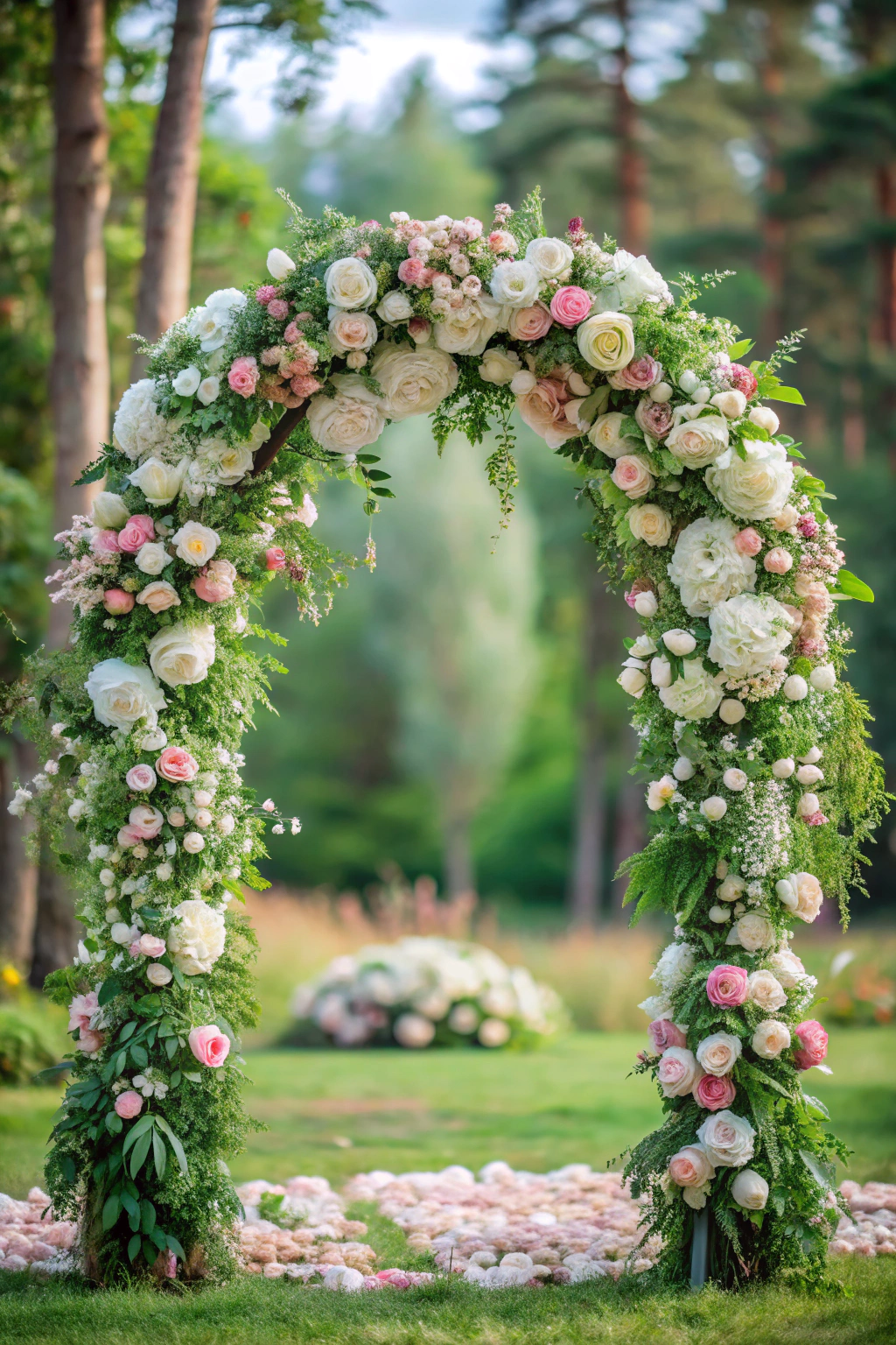 Floral arch with pink and white roses in a garden setting