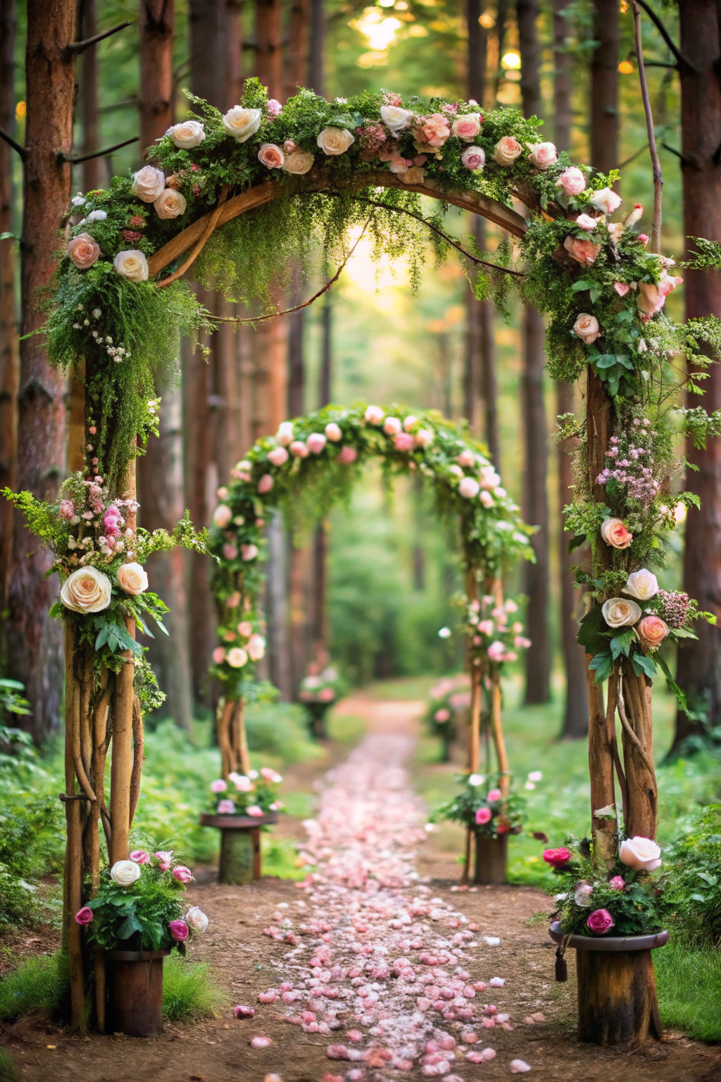 Rustic arches adorned with pink and white roses in a forest setting