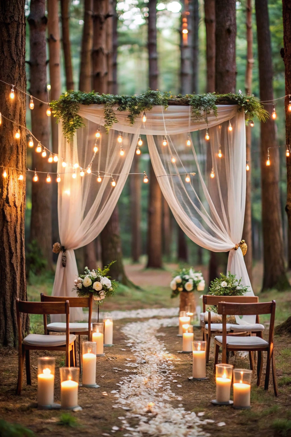 String lights drape over a forest wedding arch with floral decorations