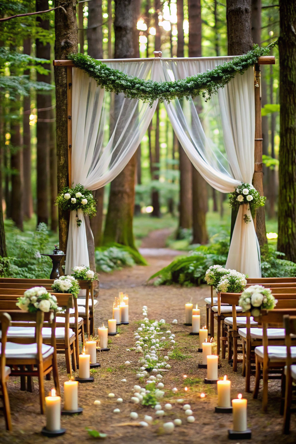 Outdoor forest wedding arch with greenery and candles