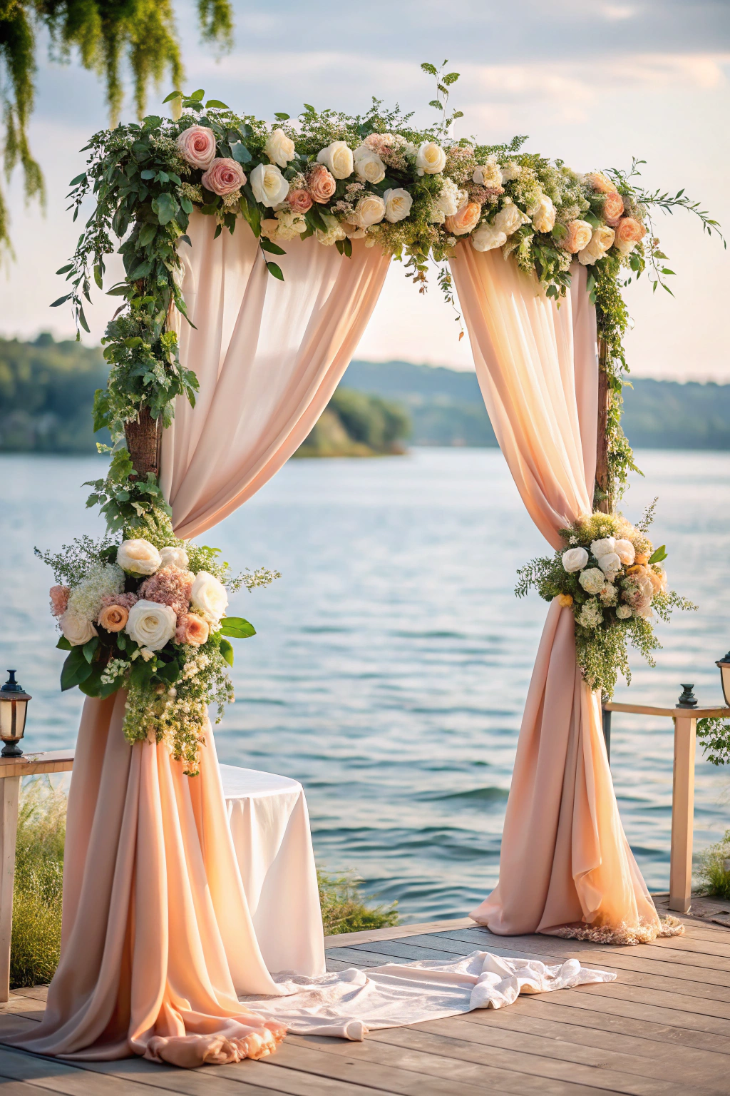 Floral arch adorned with blooming roses and drapes overlooking a lake